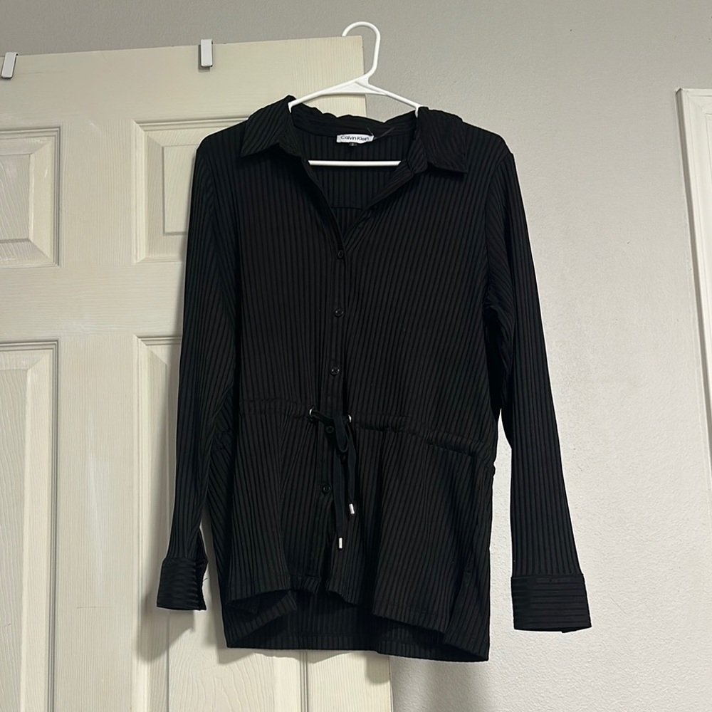 Calvin Klein Black Pinstripe Tie Blouse